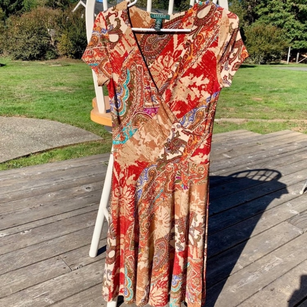 Lauren Ralph Lauren Faux Wrap Style Dress Boho Paisley Floral Print Size Small